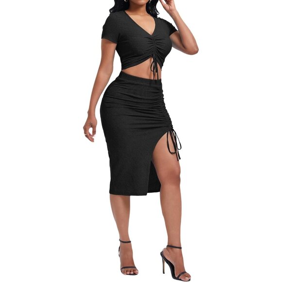 Women's Casual Crop Top and High Waist Slim Skirt Set Black Medium - Picture 2 of 6
